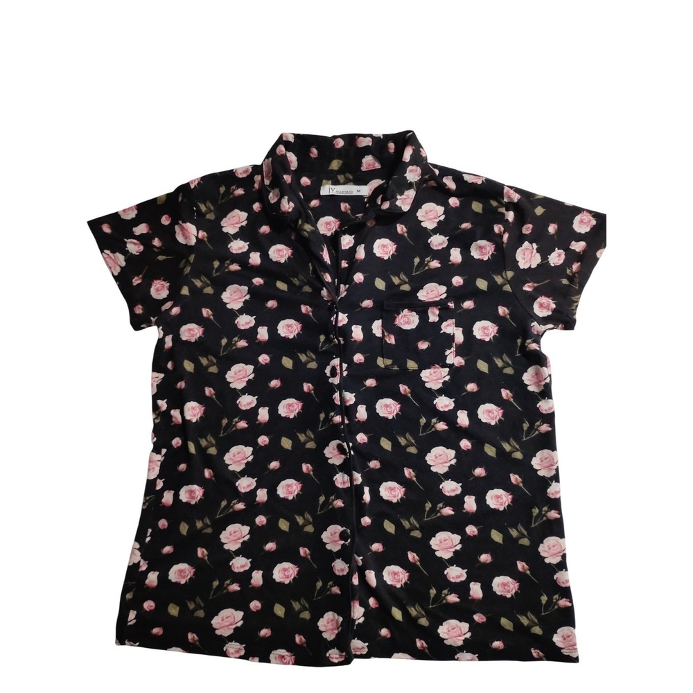 Joan Vass Womens Medium Black Pink Rose‎ Floral Button Up Short Sleeve Sleep Top